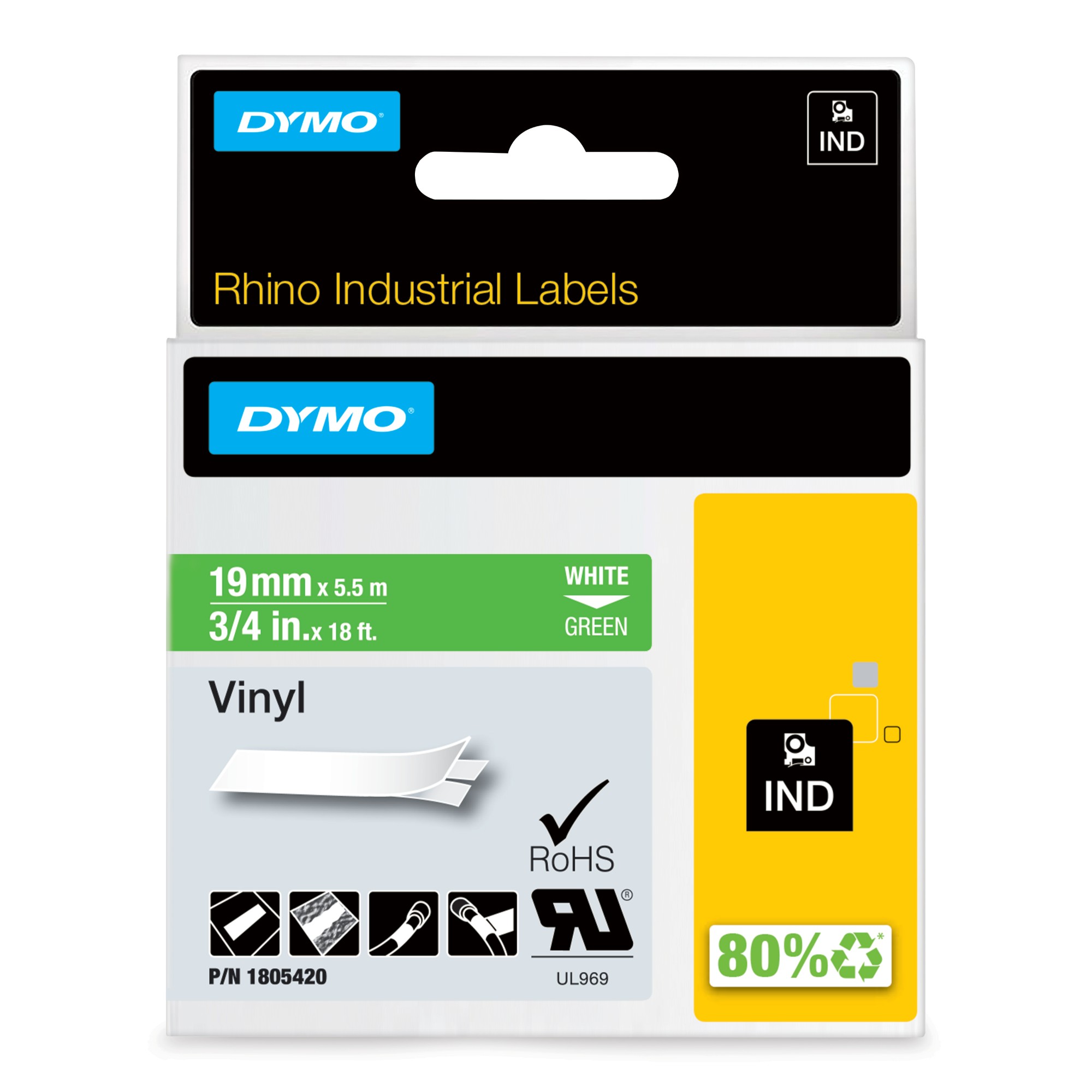 Image of Dymo 1805420 Ribbon Vinyl white on green 19mmx5.5m for Dymo Rhino 6-19