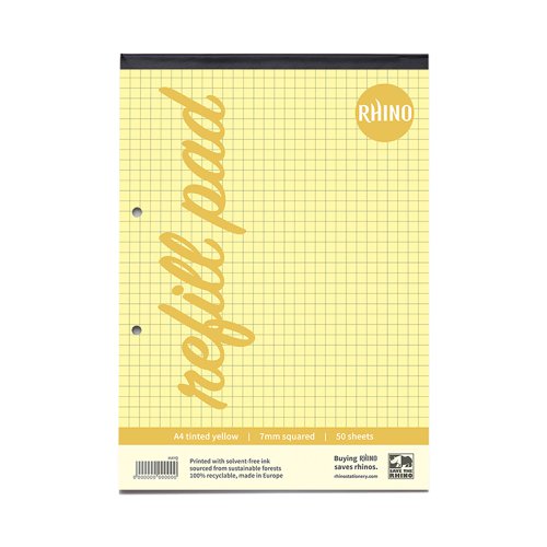 Image of Rhino A4 Yellow Paper Refill Pad 100 Page 7mm Squared (Pack of 36)