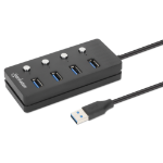 Manhattan USB-C Dock/Hub, Ports (x4) with on/off switch for each port: USB-A (x4), 5 Gbps (USB 3.2 Gen1 aka USB 3.0), Bus or AC powered (optional jack, not included), Cable 1.5m, SuperSpeed USB, Black, Blister