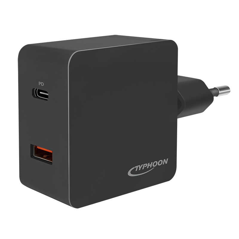LogiLink Typhoon USB-A/C charger, 18 W, 2-port, 1x USB-A (QC), 1x USB-C (PD), Black