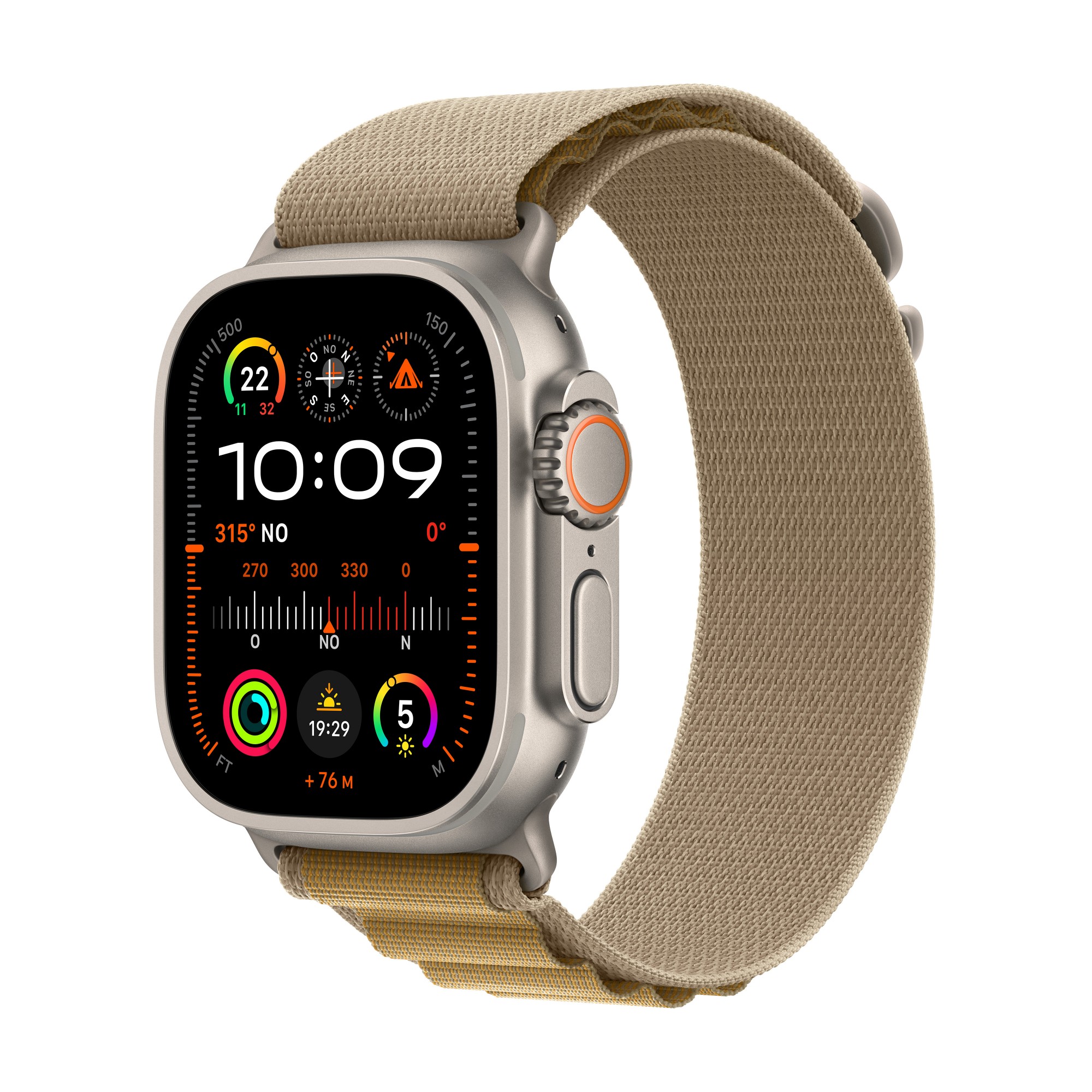 Apple Watch Ultra 2 - 49 mm - natural titanium - smart watch with Alpine Loop - textile - tan - band size: S - 64 GB - LTE, Wi-Fi 4, UWB, Bluetooth - 4G - 61.4 g