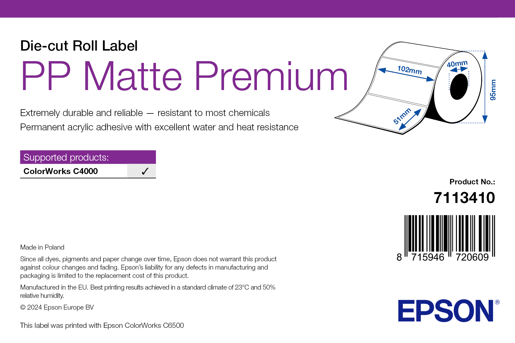 Epson PP Matte Label Premium. Die-cut Roll. 102mm x 51mm. 535 Labels