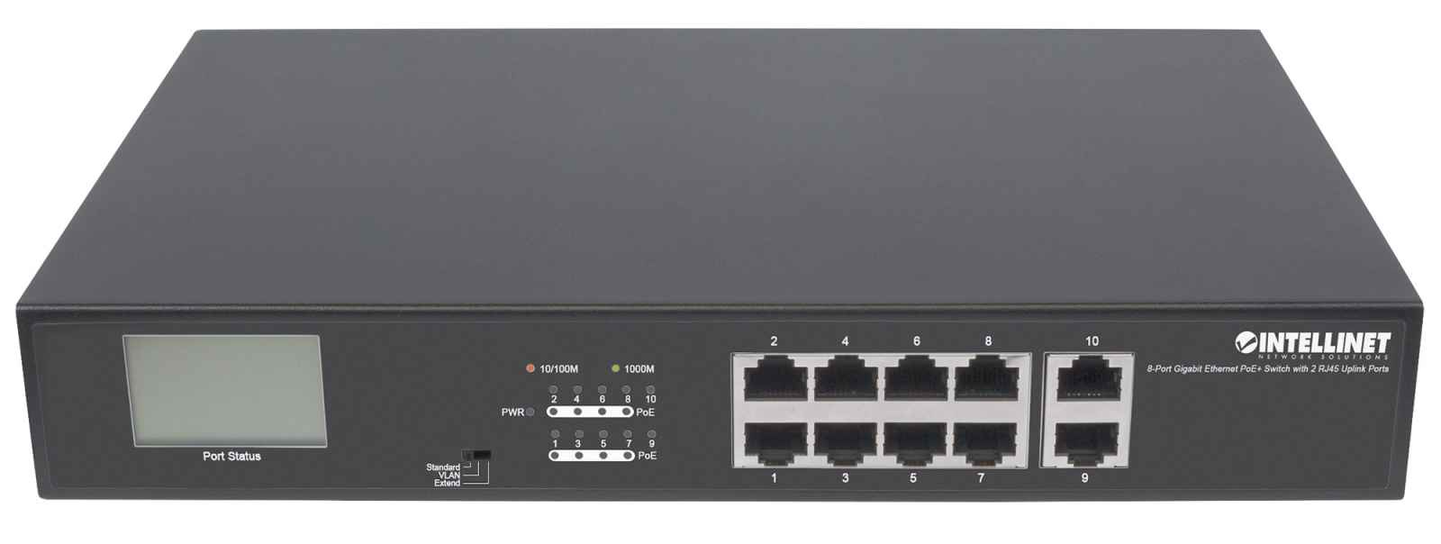 Intellinet 8-Port Gigabit Ethernet PoE+ Switch with 2 RJ45 Gigabit Upl