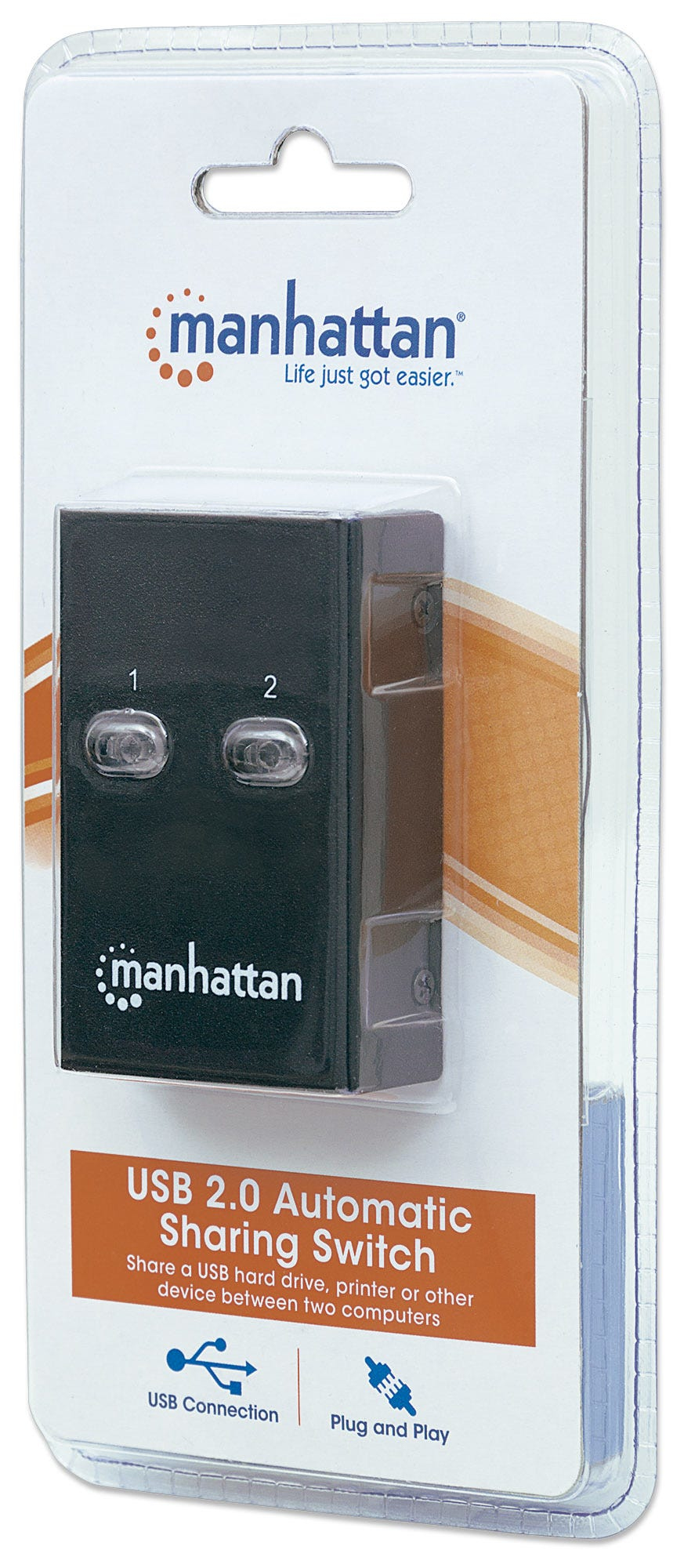 Manhattan USB-A Automatic Sharing Switch, 2x USB-B Ports, 480 Mbps (USB 2.0), Dual Control (Auto-Sensing or Manual), Bus Powered, inc 1x 1.5m USB-A to USB-B cable, Black, Blister