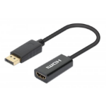 Manhattan DisplayPort 1.2 to HDMI Active Adapter, 4K@60Hz, 15cm, Male to Female, DP With Latch, Black, Not Bi-Directional, Three Year Warranty, Equivalent to DP2HD4K60S