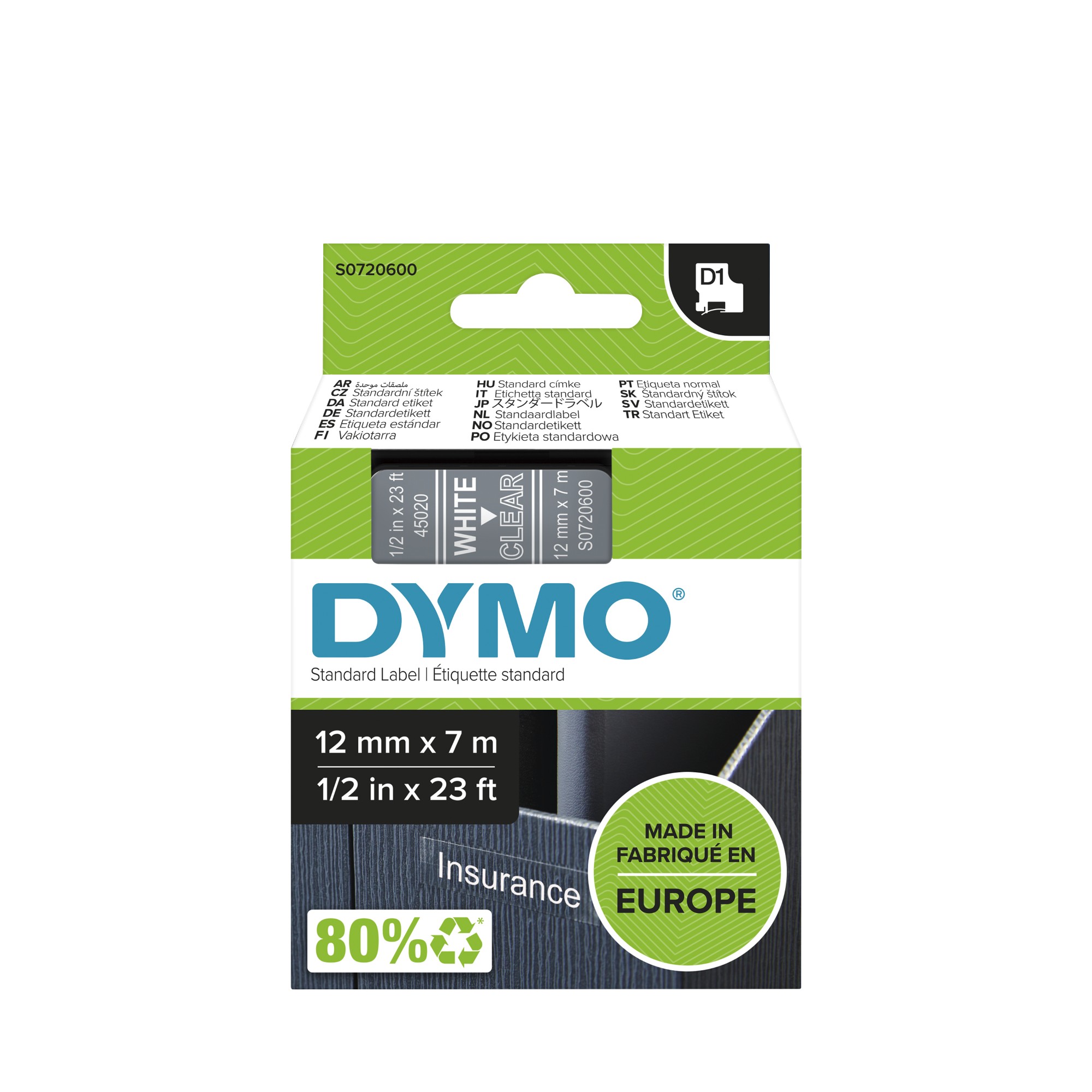 DYMO D1 - Standardpolyesteretiketter - Vit på transparent - 12mm x 7m