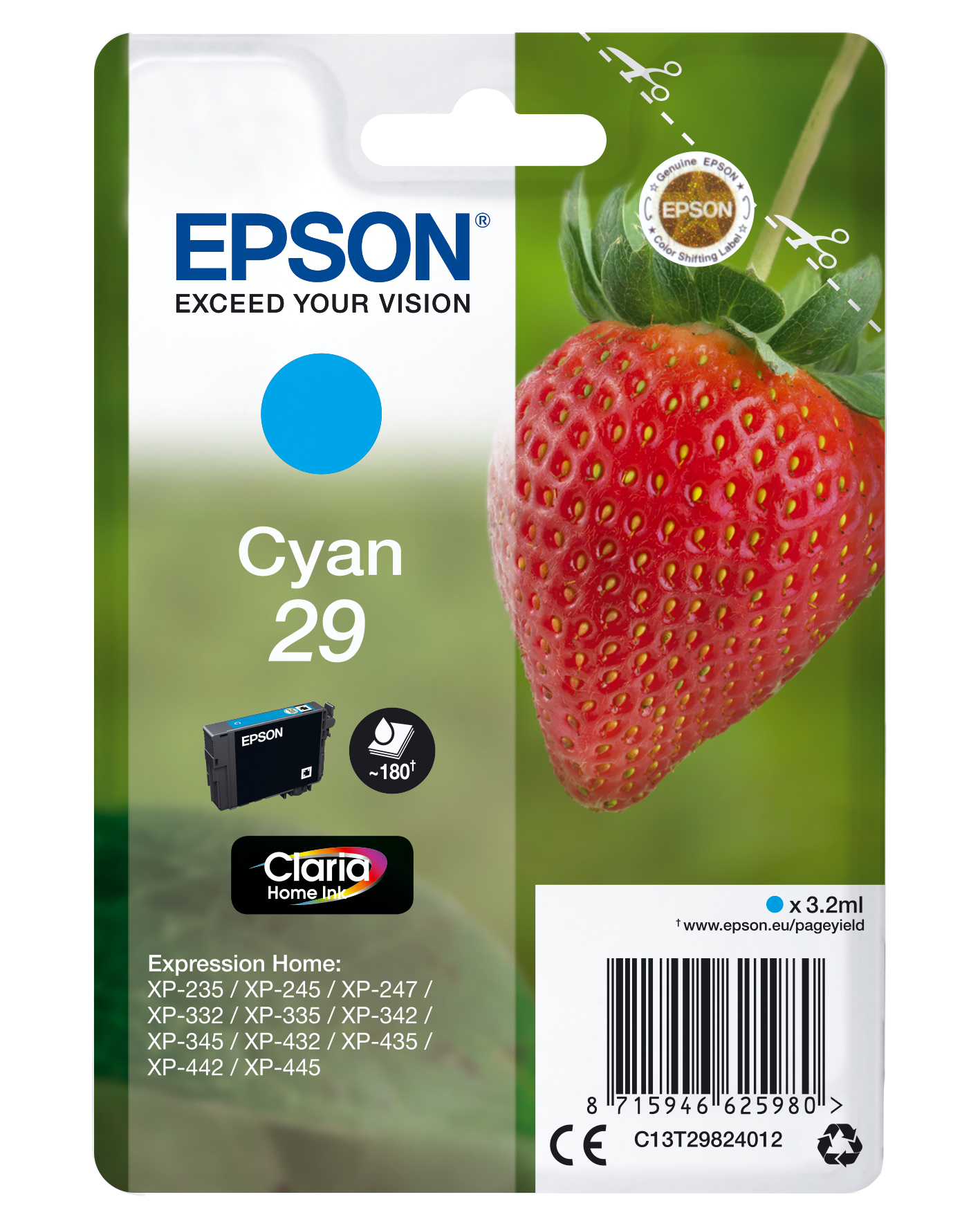 Image of Epson C13T29824012/29 Ink cartridge cyan, 180 pages ISO/IEC 19752...