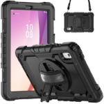 PISEN Generic Rugged Lenovo Tab M9 (9') Case + Screen Protector Black - Built-in-Kickstand, Adjustable Hand Strap, Shoulder Strap