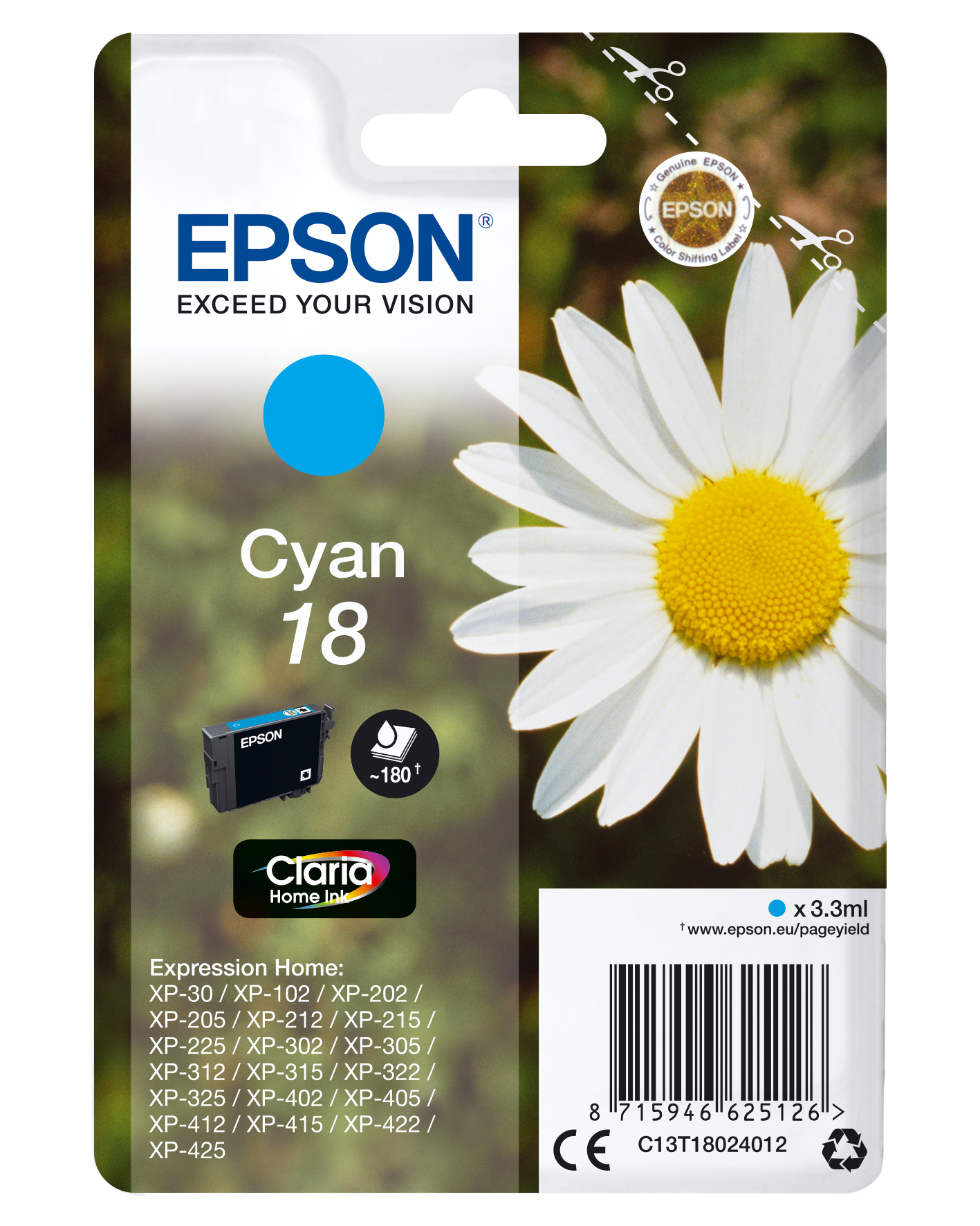 Image of Epson C13T18024012/18 Ink cartridge cyan, 180 pages 3ml for Epson...