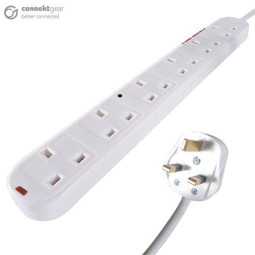 connektgear 2m 6 Way Surge Protected Power Extension Block - UK Plug to 6 x UK Sockets - White