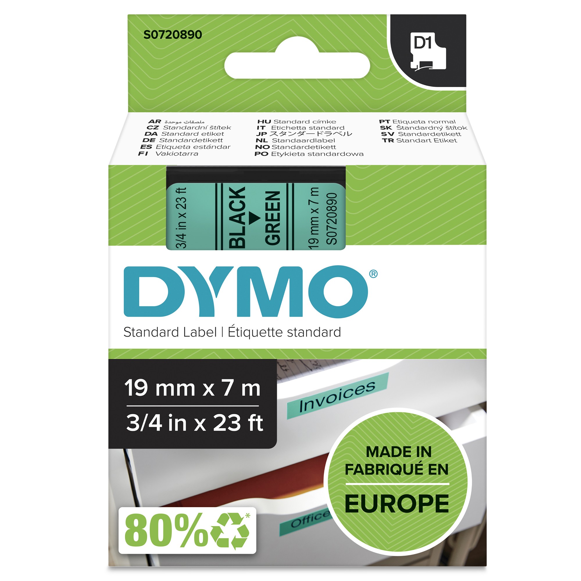 Dymo 45809/S0720890 DirectLabel-etikettes black on green 19mm x 7m for