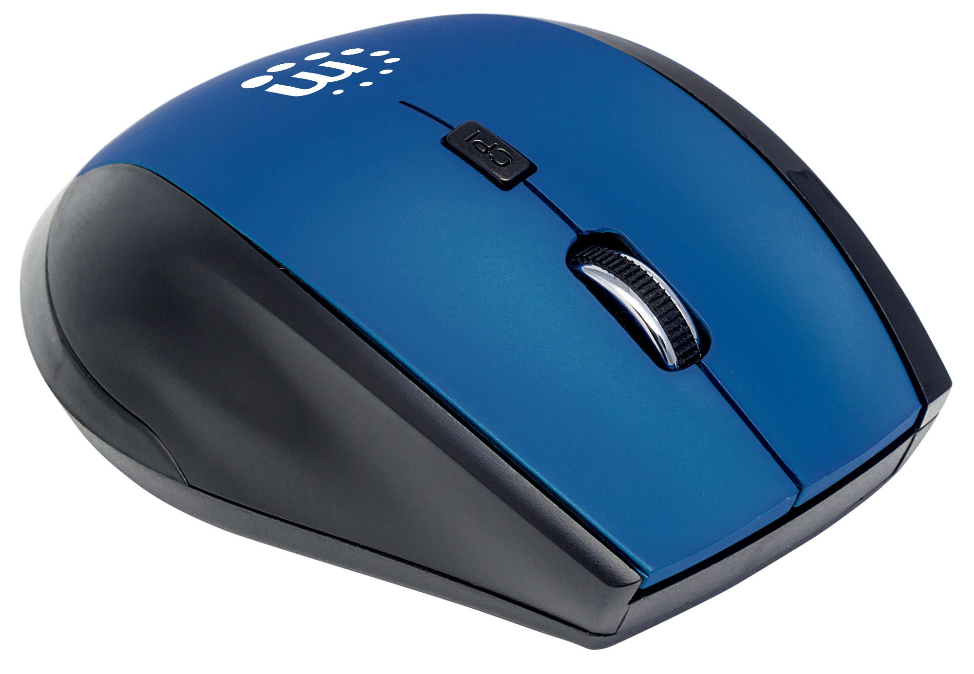 Manhattan Curve Wireless Mouse, Blue/Black, Adjustable DPI (800, 1200 or 1600dpi), 2.4Ghz (up to 10m), USB, Optical, Five Button with Scroll Wheel, USB micro receiver, 2x AAA batteries (included), Low friction base, Blister
