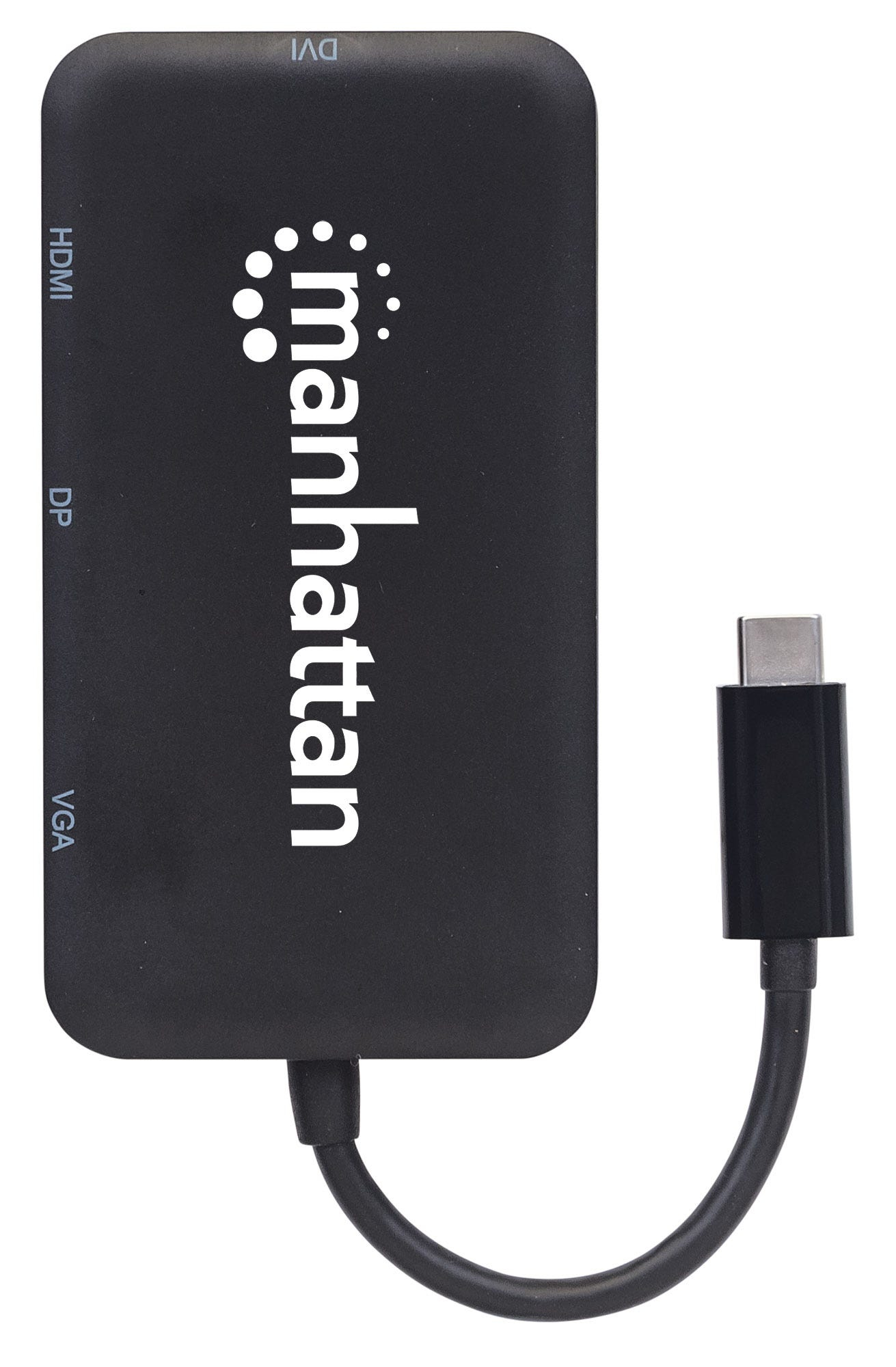 Manhattan USB-C 4-Port Hub/Dock/Converter, USB-C to HDMI, DisplayPort, VGA or DVI Ports; HDMI: 3840x2160 at 30Hz (4K), DisplayPort: 4K@60Hz UHD, VGA or DVI: 1920x1080 at 60Hz; Male to Females, Compatible with DVD-D, Cable 8cm, Black, Three Year Warranty,