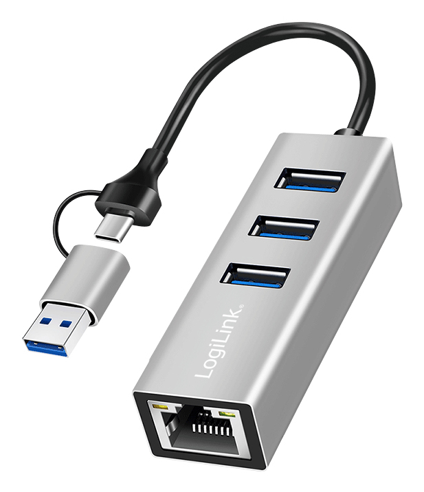 LogiLink USB 3.0 hub, 4x USB-A, 5 Gbit/s, 2-in-1 connection cable, silver