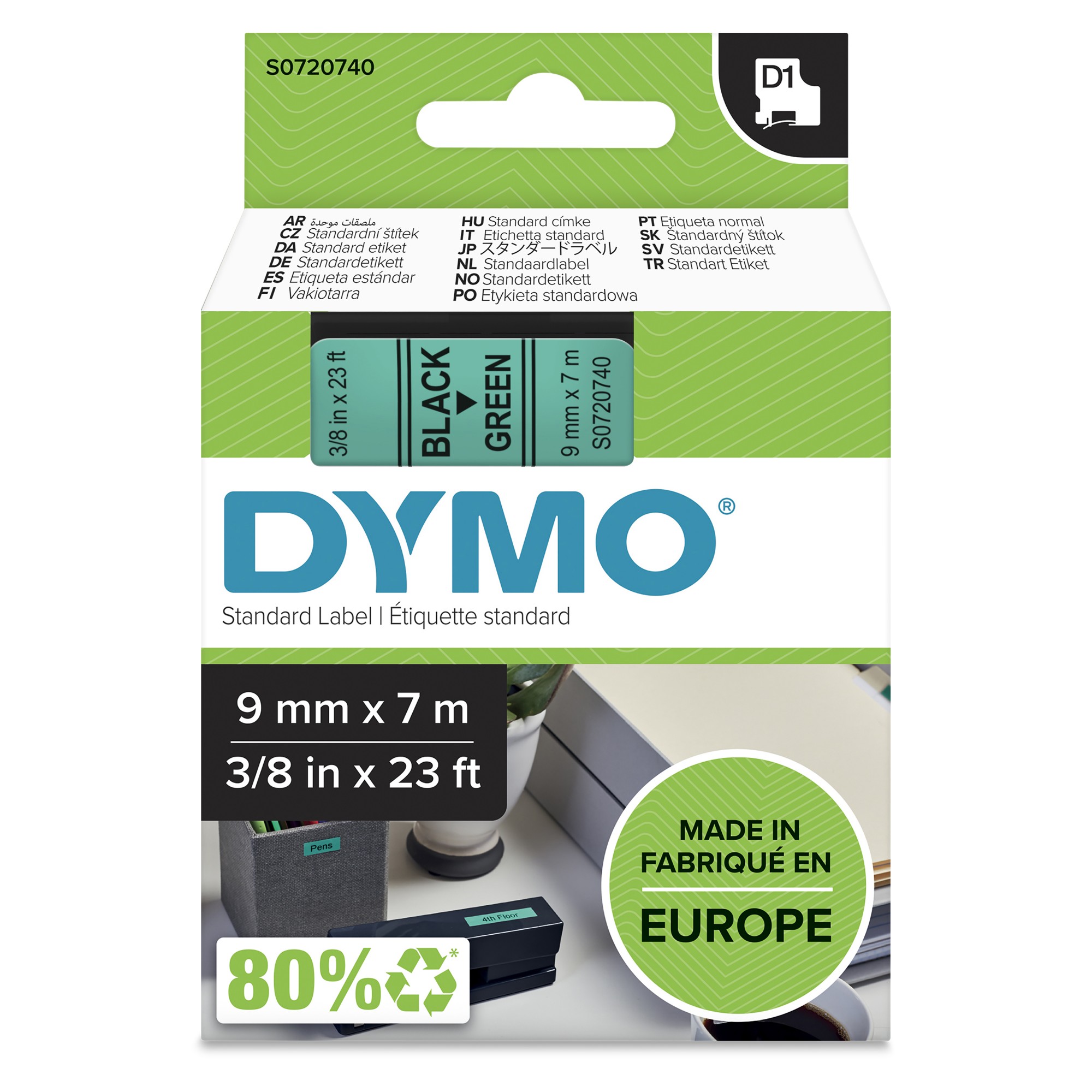 Dymo 40919/S0720740 DirectLabel-etikettes black on green 9mm x 7m for Dymo D1 6-12mm/19mm/24mm/9-12mm/9-19mm