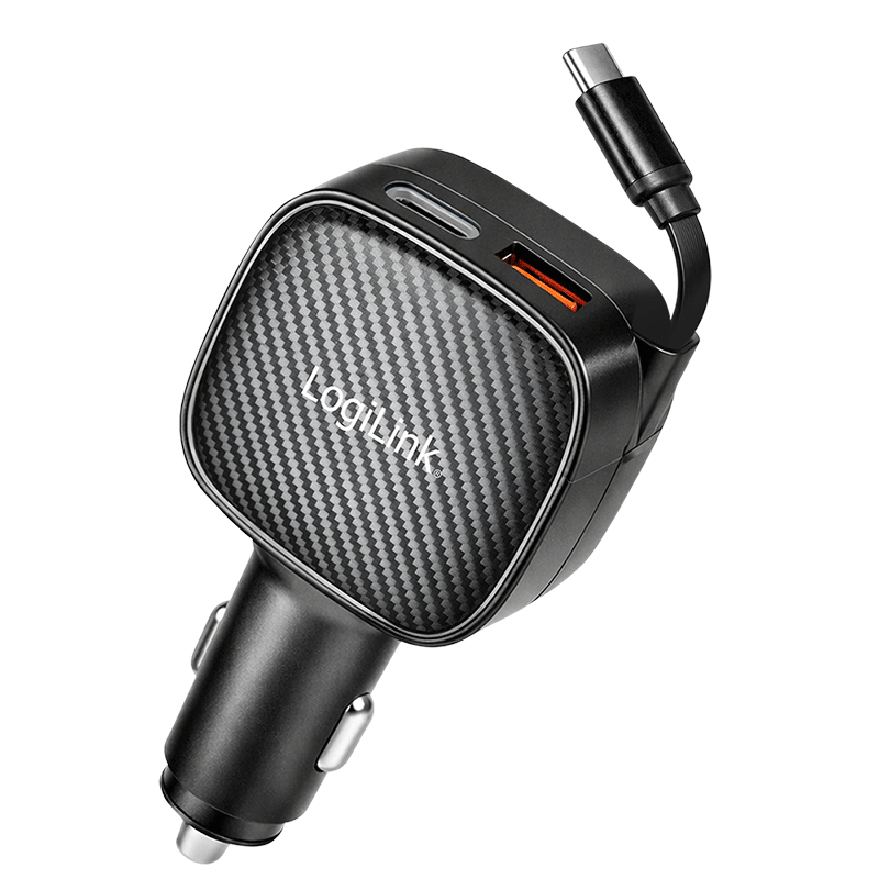 Logilink Black Usb Car Charger. 3 Port Incl. Retractable Usb-C Cable. 60W. P