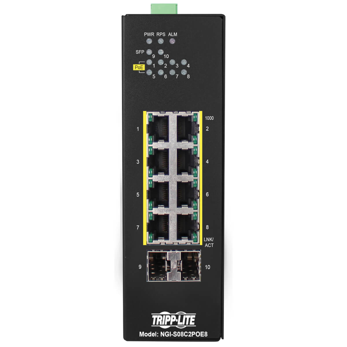 Tripp Lite NGI-S08C2POE8 8-Port Lite Managed Industrial Gigabit Ethernet Switch - 10/100/1000 Mbps, PoE+ 30W, 2 GbE SFP Slots, -10Â° to 60Â°C, DIN Mount