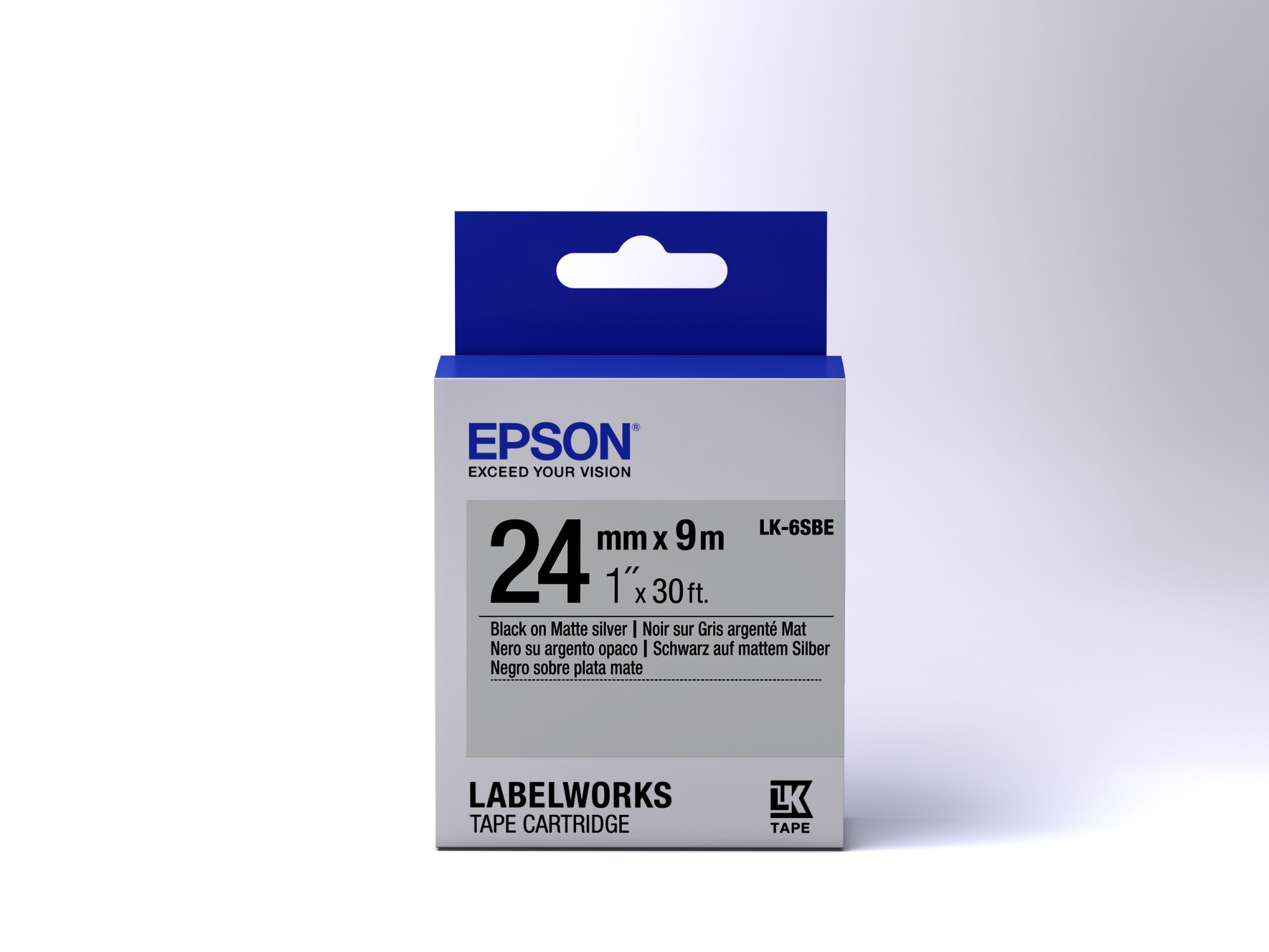Epson etikettkassett matt – LK-6SBE matt svart/matt silver 24/9