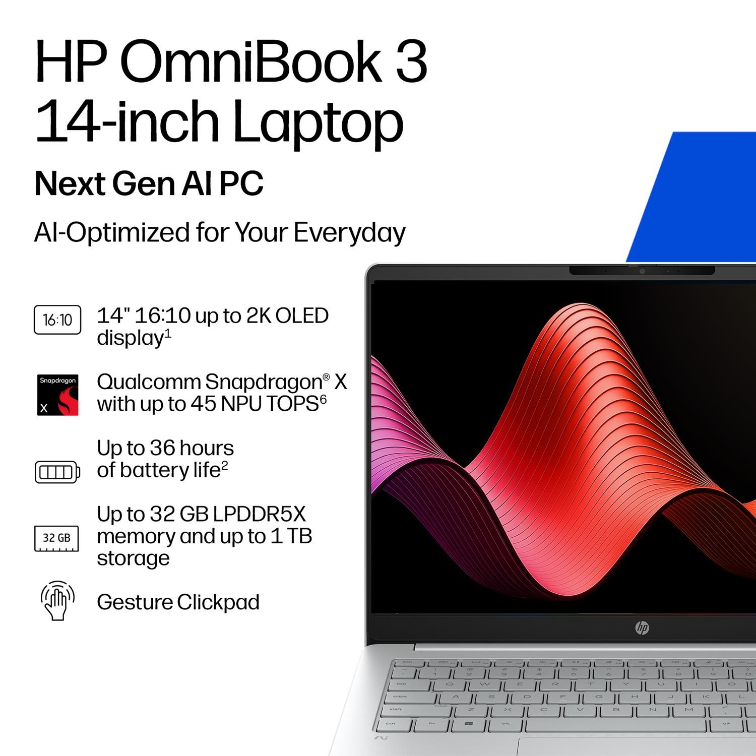 HP HP OmniBook 3 Qualcomm Snapdragon X 16GB RAM 256GB SSD 14 Inch Wind