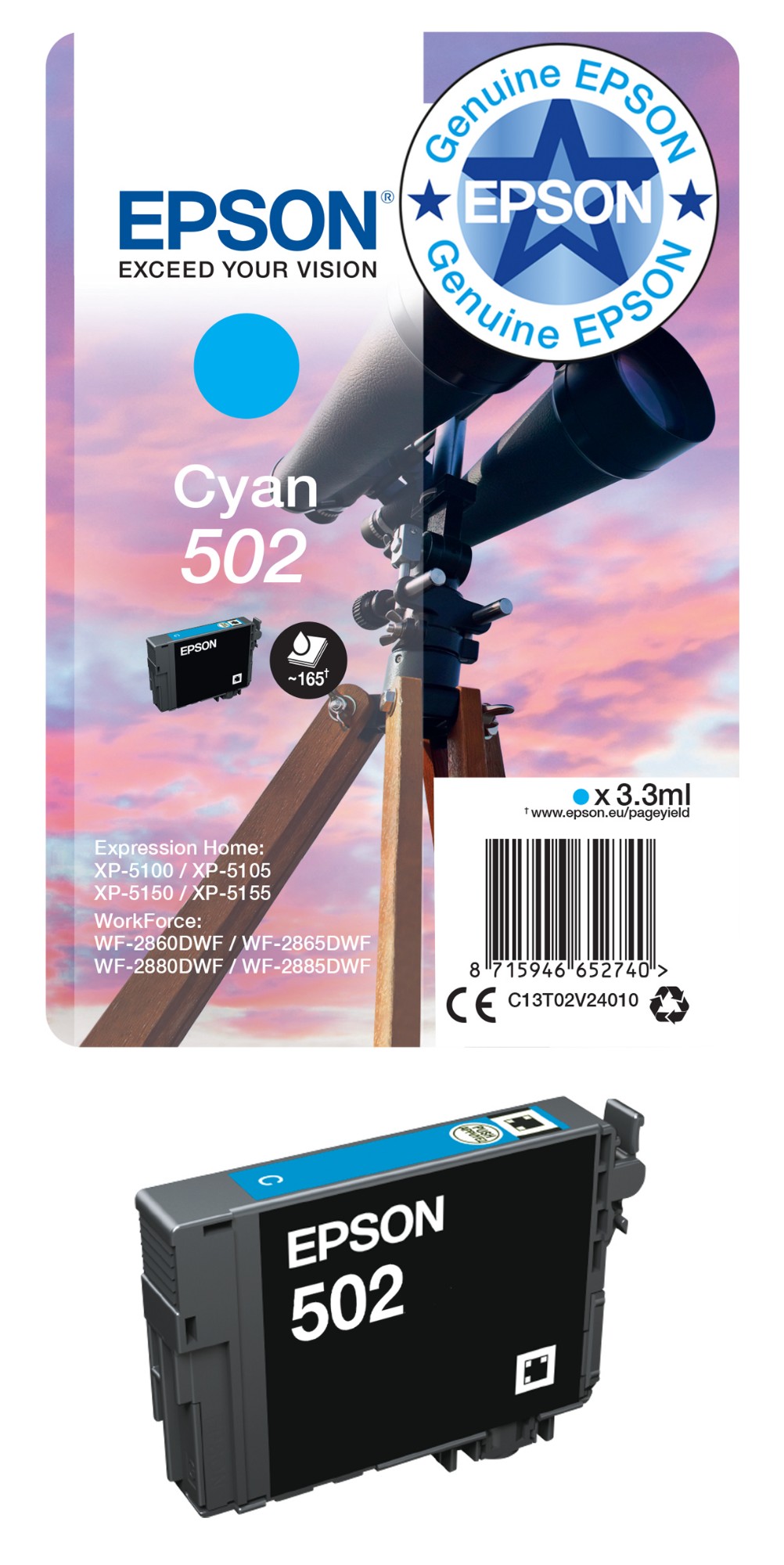 Epson C13T02W64010/502XL Ink cartridge multi pack Bk,C,M,Y high-capacity 28.4ml 9,2ml + 3x6,4ml Pack=4 for Epson XP-5100