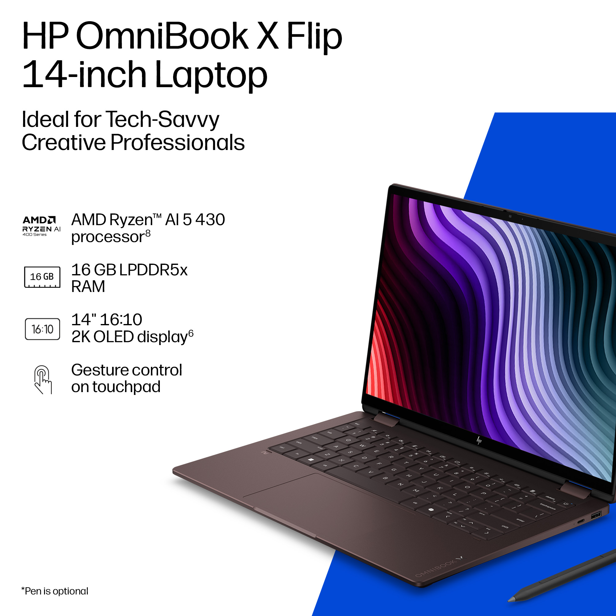 HP OmniBook X 14" Next Gen AI Laptop, AMD Ryzen™ AI 5, 16GB, 512GB, OLED, Touchscreen Display