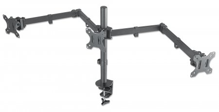 Manhattan TV & Monitor Mount, Desk, Double-Link Arms, 3 screens, Screen Sizes: 10-27"", Black, Clamp Assembly, Triple Screen, VESA 75x75 to 100x100mm, Max 7kg (each), Lifetime Warranty