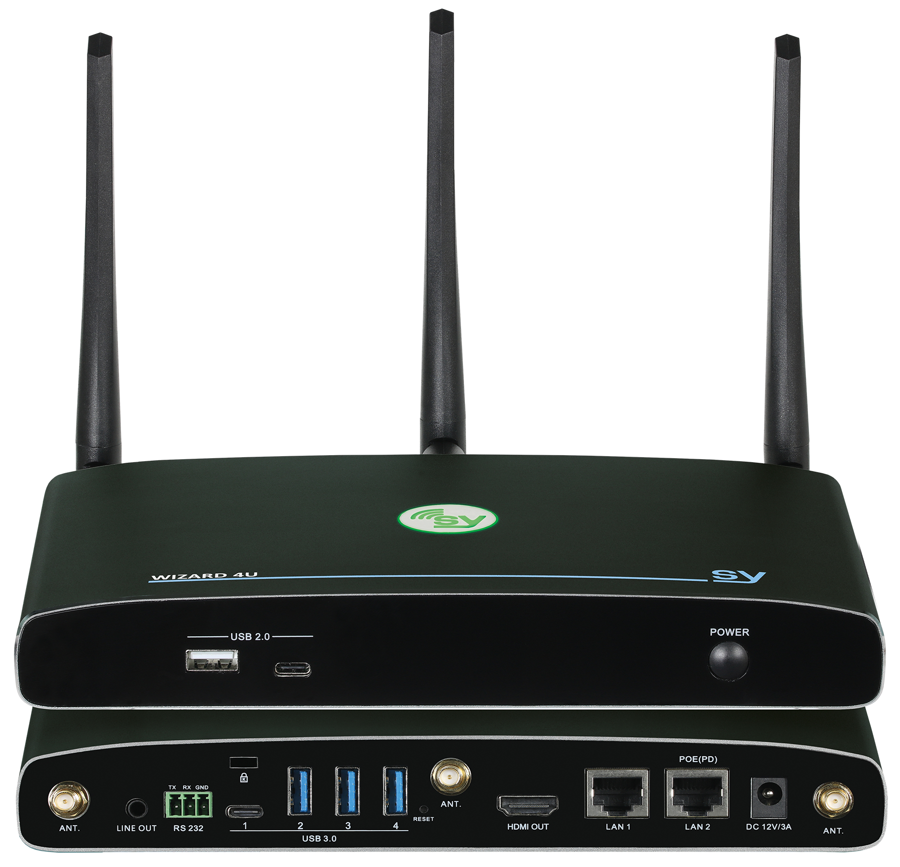 SY Electronics Wireless presentation/collaboration Switcher - 3x USB-B 3.0, 1x HDMI 2.0 Output, 3x USB-B 3.0, 1x USB-C, 1x USB-B 2.0/USB-C, 1x RS232, 2x LAN (1x PoE), 1x 3.5mm Audio Jack Output