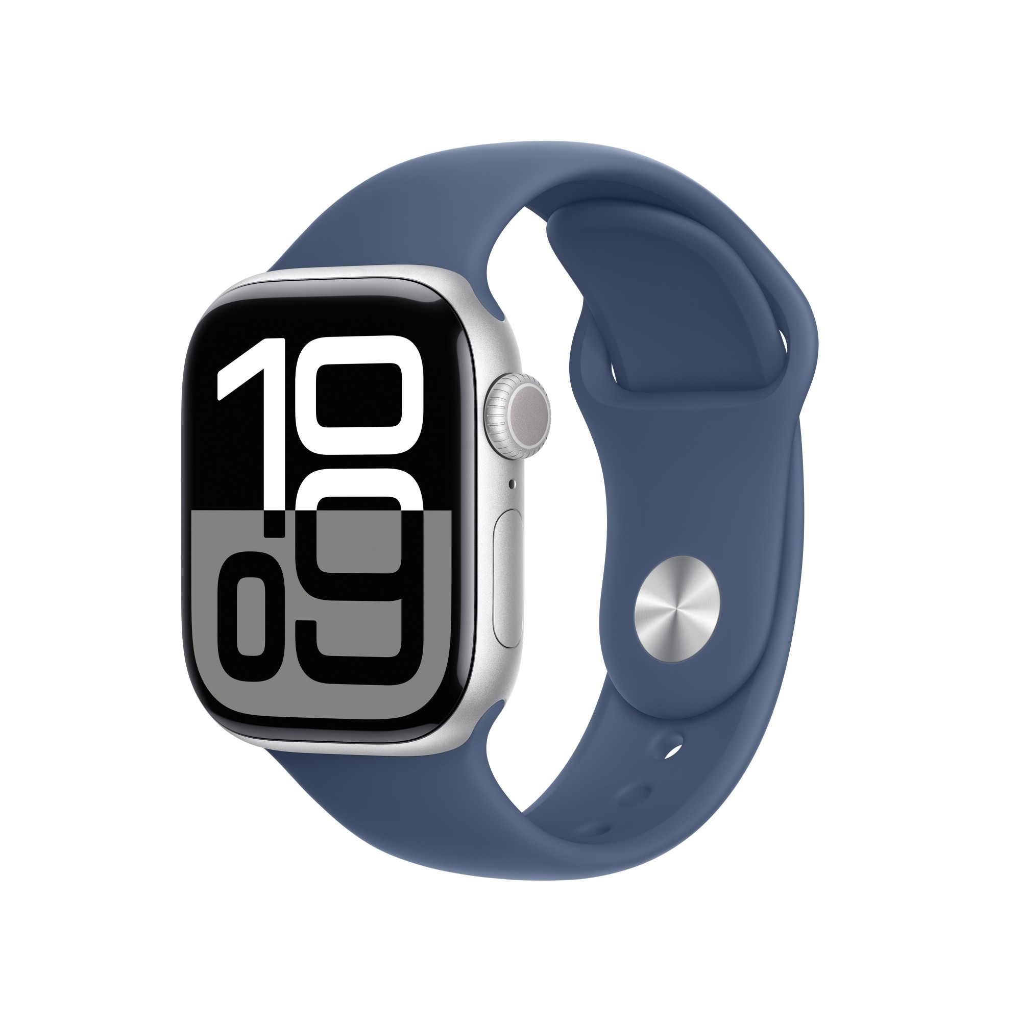 Apple Watch Series 10 (GPS) - 42 mm - silver aluminium - smart watch with sport band - fluoroelastomer - denim - band size: S/M - 64 GB - Wi-Fi 4, UWB, Bluetooth - 30 g