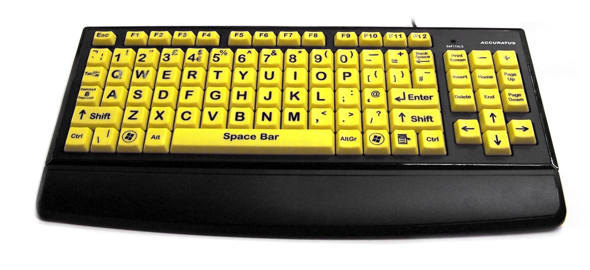 Ceratech Accuratus USB upper case Hi-Vis Monster keyboard has a Black on Yellow HiVis double sized (24mm x 24mm) keys- ideal for the partial sighted. Includes integrated passive 2 port USB hub and detachable wrist rest.