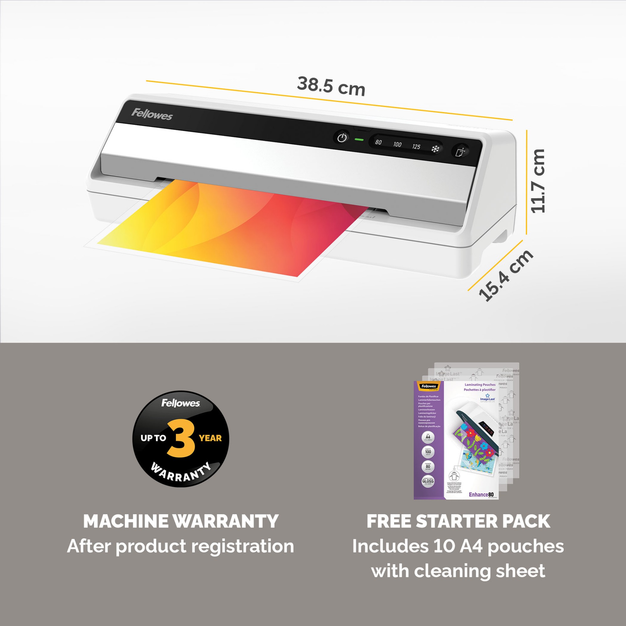 Fellowes A4 Laminator Machine Saturn A4 Laminating Machine 80 to 125 Micron 10 A4 Laminating Pouch Starter Pack Included