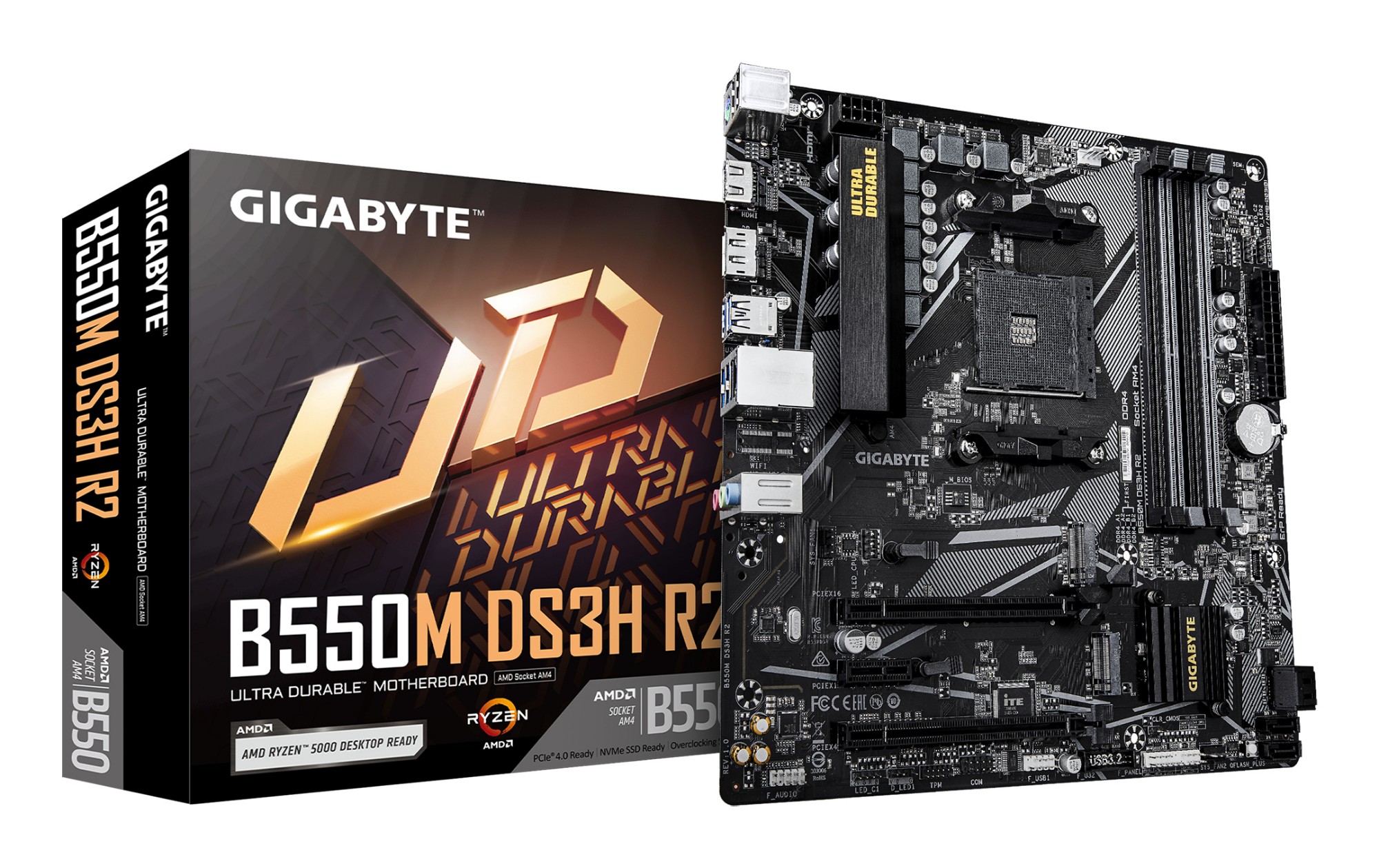 GIGABYTE B550M DS3H R2 Motherboard - AMD Ryzen 5000 CPUs, 5+3 Phases VRM, up to 4733MHz DDR4 (O.C.), 1xPCIe 4.0 + 1xPCIe 3.0 M.2, 1GbE LAN, USB 3.2 Gen 1
