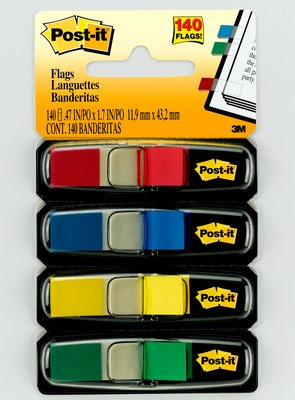 Post-It Flags, Primary Colors, 1/2 in Wide, 35/Dispenser, 4 Dispensers/Pack self adhesive flags 35 sheets