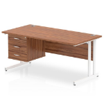 Dynamic Impulse W1600 x D800 x H730mm Straight Office Desk Cantilever Leg With 1 x 3 Drawer Single Fixed Pedestal Walnut Finish White Frame - MI001933 DD