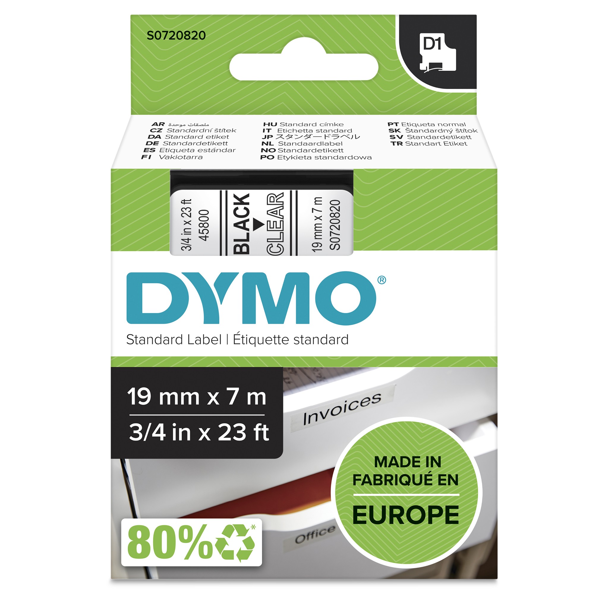 Dymo 45800/S0720820 DirectLabel-etikettes black on Transparent 19mm x 7m for Dymo D1 6-19mm/24mm/400 Duo