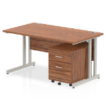Dynamic Impulse Cantilever Straight Office Desk W1400 x D800 x H730mm Walnut Finish Silver Frame With 2 Drawer Mobile Pedestal - MI000959 DD