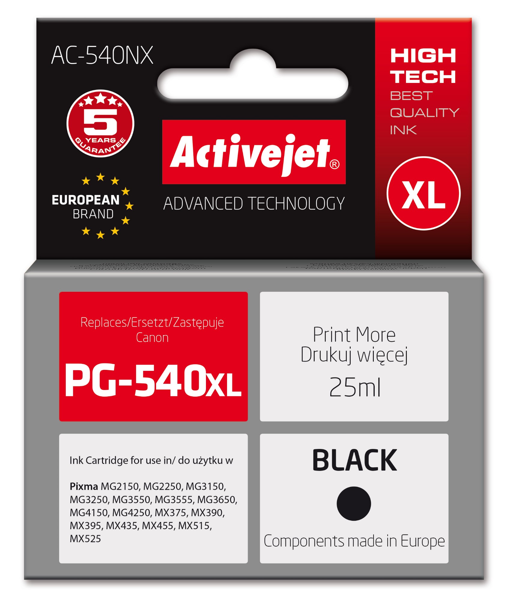 Activejet AC-540NX ink for Canon printer (replacement for Canon PG-540XL) Supreme, 25 ml, black