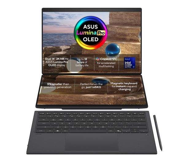 ASUS Zenbook Duo UX8407AA Intel Core Ultra 9 386H 16GB RAM 1TB SSD 14" 3K OLED 144Hz Dual Touchscreen 2-in-1 Windows 11 Home Laptop - Grey