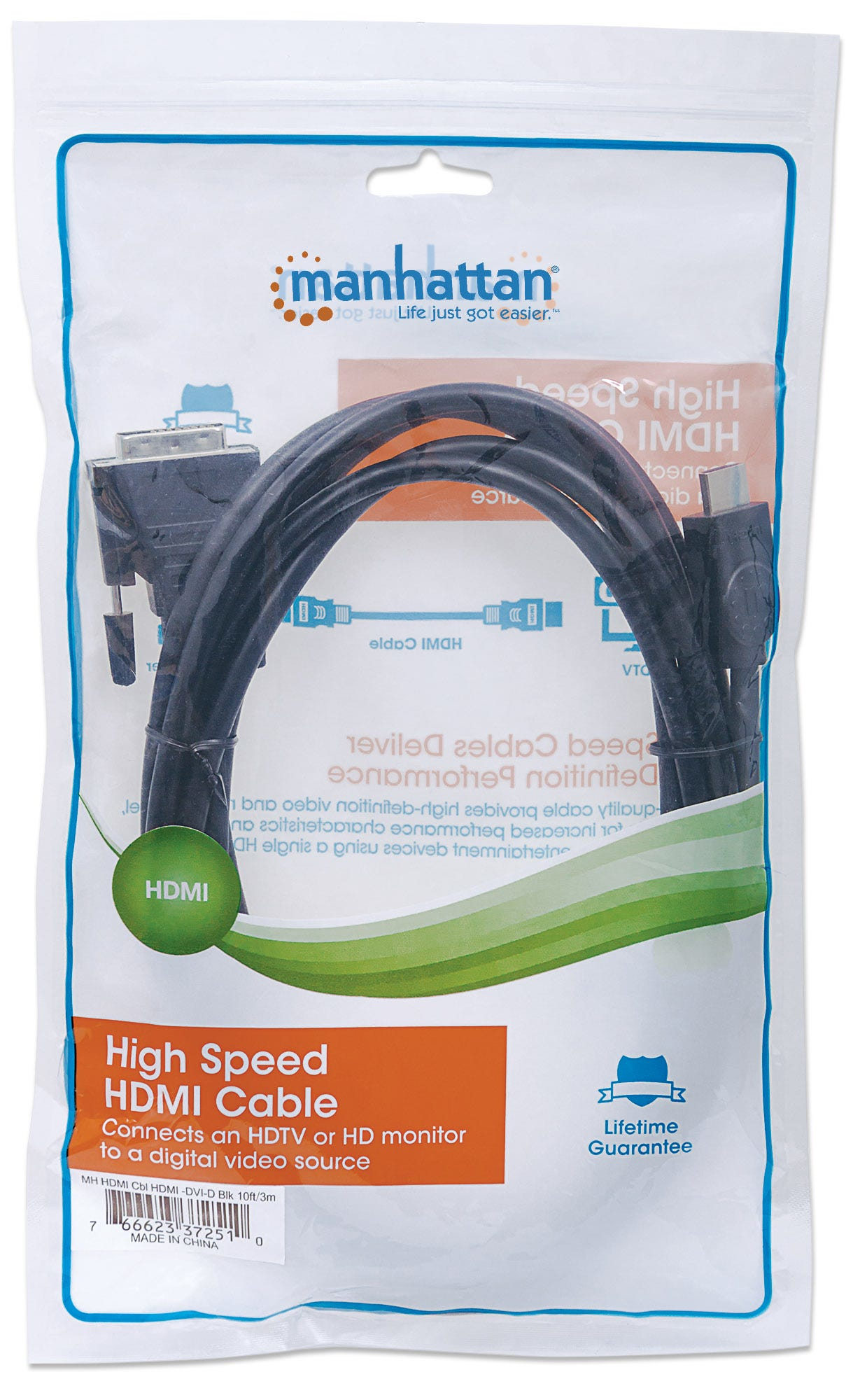 Manhattan HDMI to DVI-D 24+1 Cable, 3m, Male to Male, Dual Link, Compatible with DVD-D, Black, Lifetime Warranty, Polybag