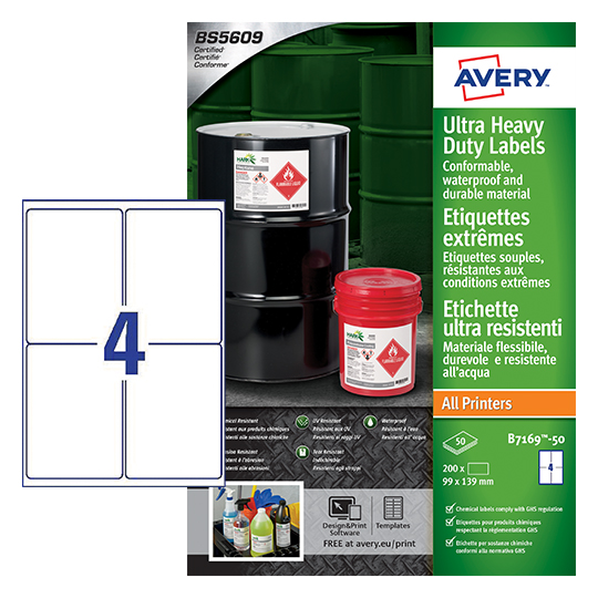 Image of Avery B7169-50 Ultra Resistant Labels 50 sheets - 4 Labels per Sheet