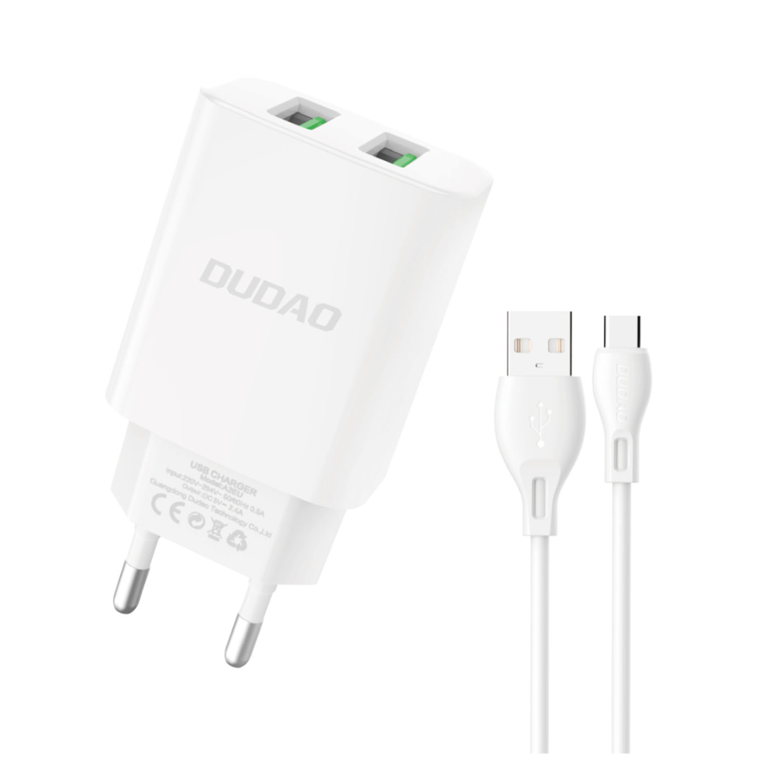 Image of DUDAO EU charger 2xUSB 2.4A 5V white Type C cable Universal AC Indoor