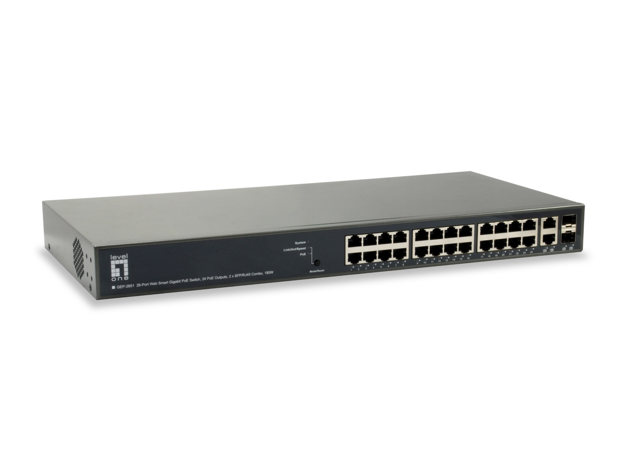 LevelOne TURING 26-Port Web Smart Gigabit PoE Switch, 24 PoE Outputs, 2 x SFP/RJ45 Combo, 185W, 802.3at/af PoE