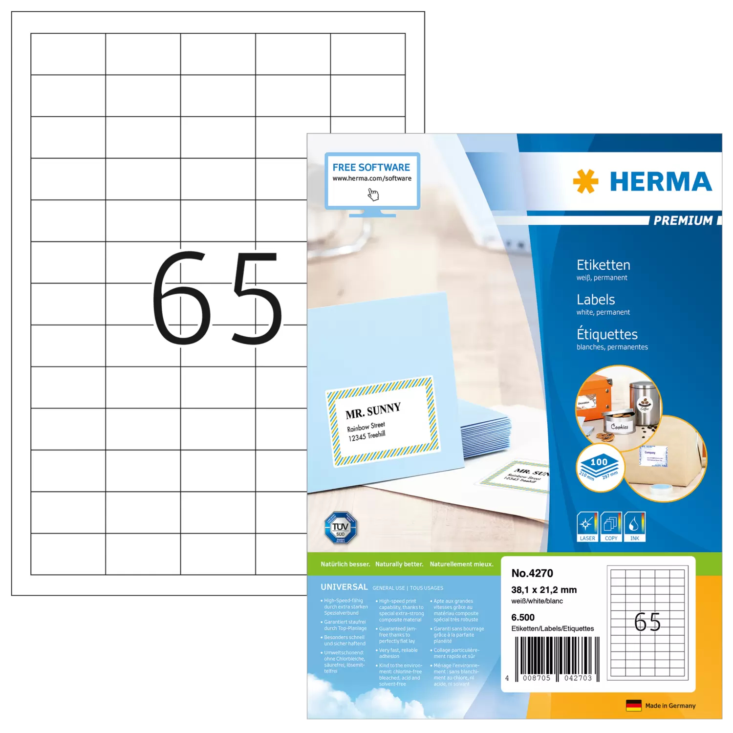 Image of HERMA Labels Premium A4 38.1x21.2 mm white paper matt 6500 pcs.