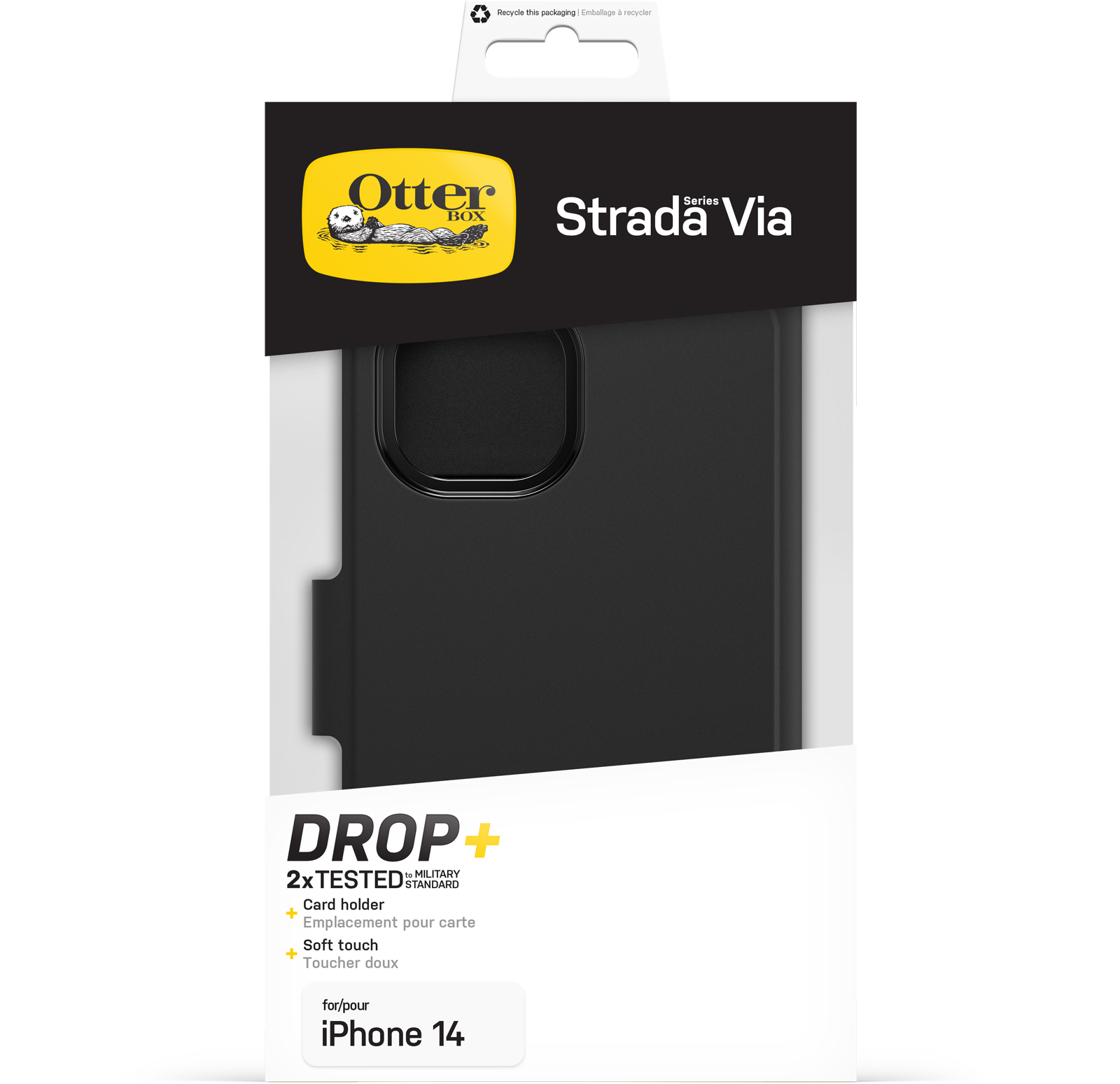 OtterBox Strada Via Case for iPhone 14, Shockproof, Drop Proof, Slim, Soft Touch Protective Folio Case with Card Holder, 2x Tested to Military Standard, Black