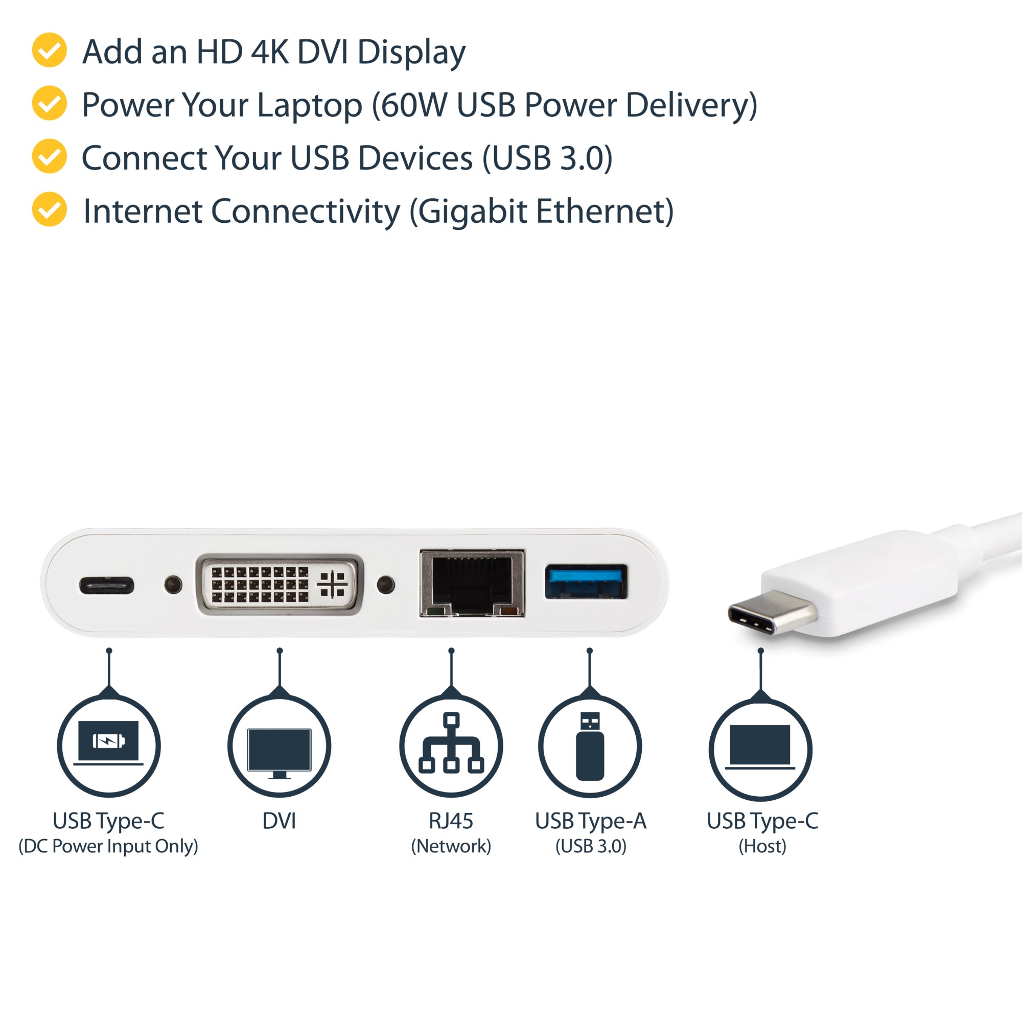 StarTech.com USB C Multiport Adapter - USB-C to DVI-D (Digital) Video Adapter with 60W Power Delivery Passthrough Charging, GbE, USB-A - Portable USB Type-C/Thunderbolt 3 Mini Laptop Dock