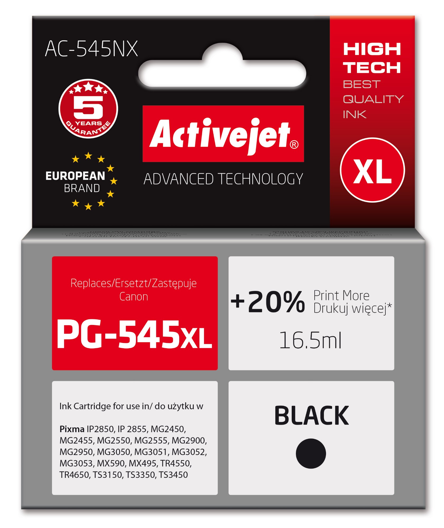 Activejet AC-545NX Printer Ink for Canon, Replacement Canon PG-545XL; Supreme; 16,5ml; Black