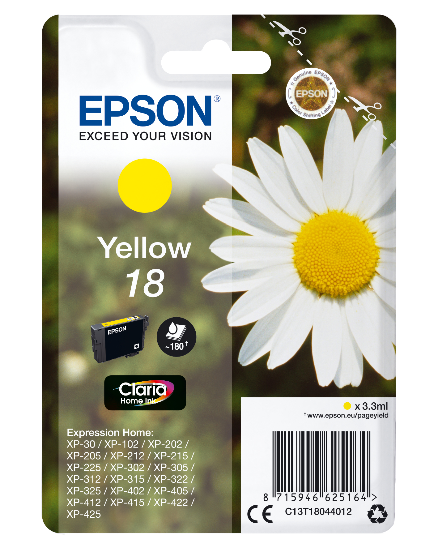Image of Epson C13T18044012/18 Ink cartridge yellow, 180 pages 3ml for...