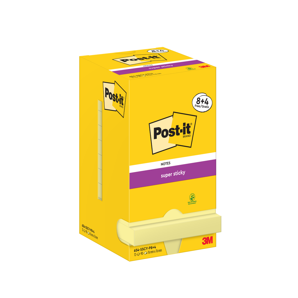 Post-It Super Sticky Notes 76x76mm Canary Yellow Promo Pack 90 Sheets per Pad (Pack 8 + 4 Free) - 7100290174