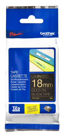Image of Brother TZE-344 DirectLabel gold on black Laminat 18mm x 8m for...
