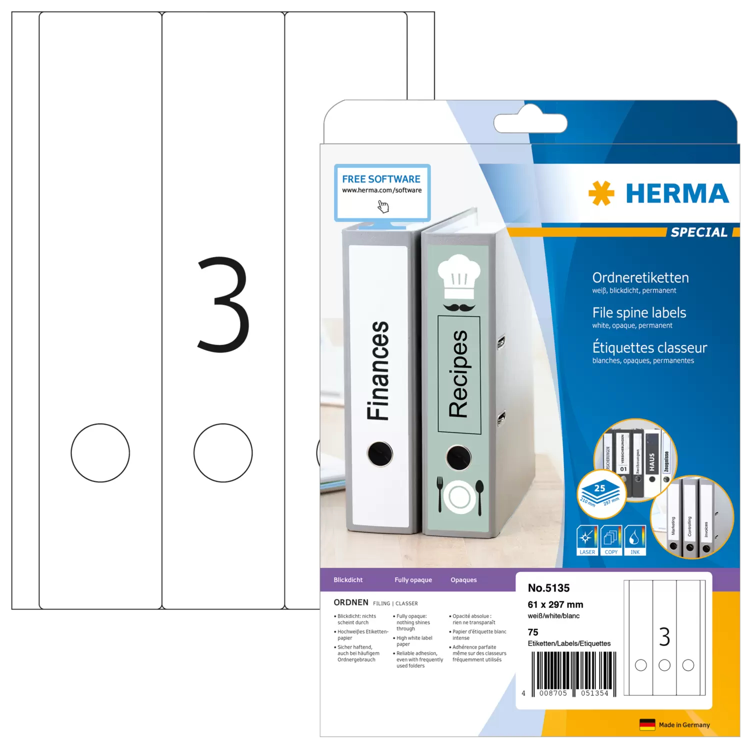 Image of HERMA File labels A4 61x297 mm white paper matt opaque 75 pcs.