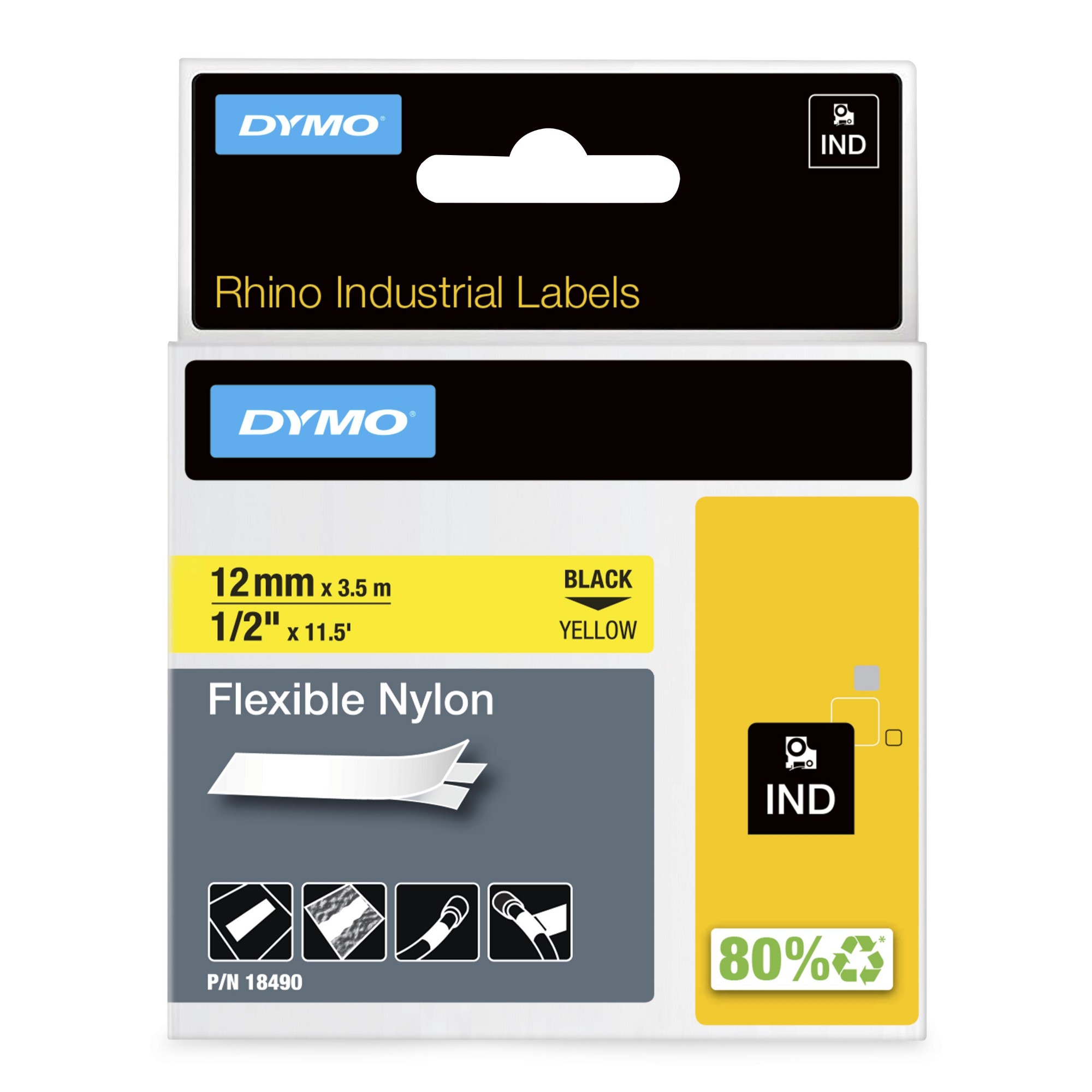 Dymo 18490/S0718080 Ribbon Nylon flexible black on yellow 12mm x 3,5m for Dymo Rhino 6-12mm/19mm/24mm